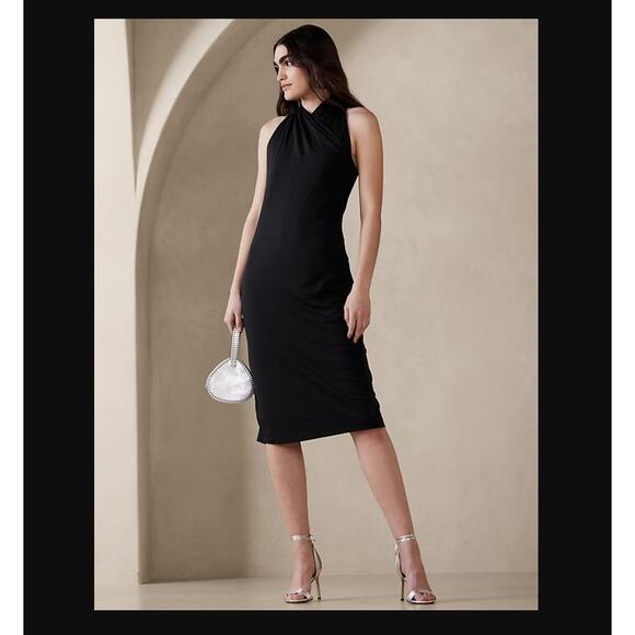 Banana Republic Plus Size 20 Black Misa Halter Cross Neck Sleeveless Midi Dress - Picture 2 of 8